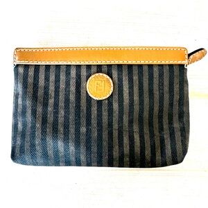 Vintage Fendi Pequin Striped Canvas and Leather Makeup Pouch or Clutch